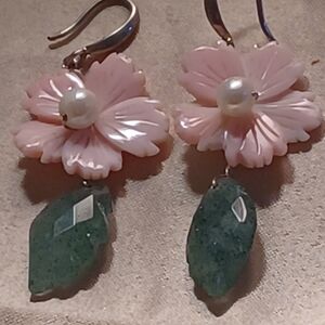 Sterling Silver Pink Floral Earrings with Green Leaf Natural Stone